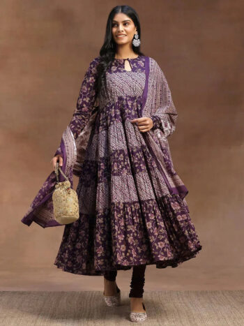 Purple Printed Cotton A-Line Kurta With Dupatta