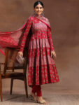 Pink Printed Cotton A-Line Kurta With Churidar
