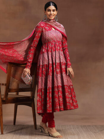 Pink Printed Cotton A-Line Kurta With Churidar