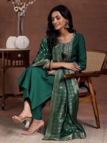 Green Yoke Design Silk Blend Straight Suite