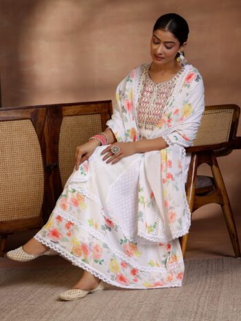 White Self Design Cotton Anarkali Suit