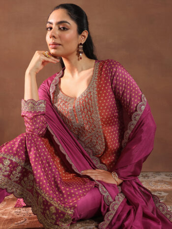 Pink Printed Silk Blend Straight Suit With Bottom