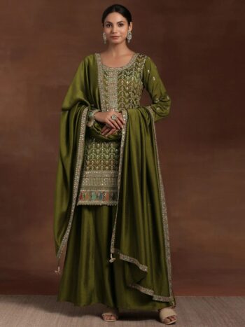 Adaa Olive Embroidered Silk Blend straight
