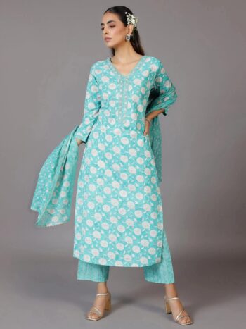 Turquoise Printed Cotton Straight Suit