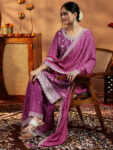 Mauve Embroidered Silk Blend Straight Suite
