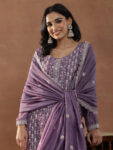 Purple Embroidered Silk Blend Straight