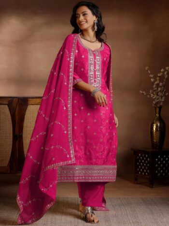 Pink Woven Design Silk Blend Straight Suite