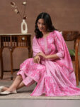 Pink Printed Cotton Straight Suit With