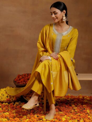 Mustard Embroidered Silk Blend Straight