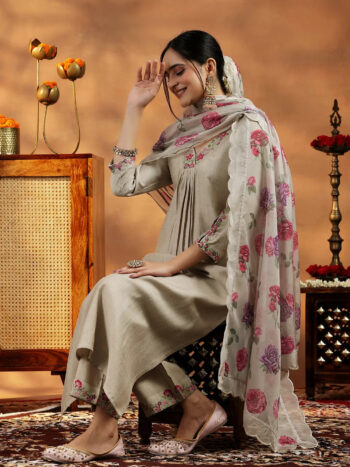 Beige Yoke Design Silk Blend Straight Suite