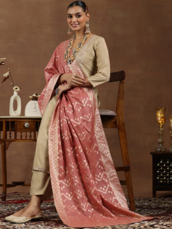 Beige Yoke Design Silk Blend Straight Suite