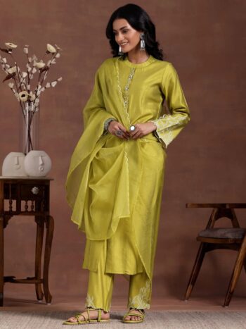 Lime Green Solid Silk Blend Straight Suite