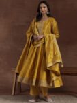 Mustard Embroidered Silk Blend A-Line Kurti