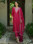 Pink Yoke Design Silk Blend Straight Suite