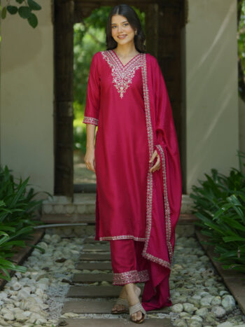 Pink Yoke Design Silk Blend Straight Suite