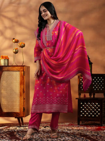 Pink Printed Silk Blend Straight Suit With Bottom