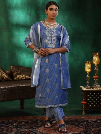 Blue Printed Silk Blend Straight Suit With Bottom