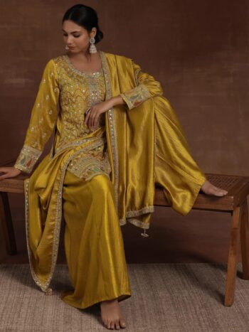 Adaa Mustard Embroidered Silk Blend straight