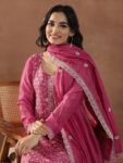 Pink Embroidered Silk Blend Straight Suite