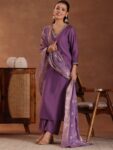 Purple Solid Silk Blend Straight Suit With Bottom