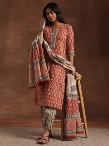 Rust Printed Cotton Straight Suit With