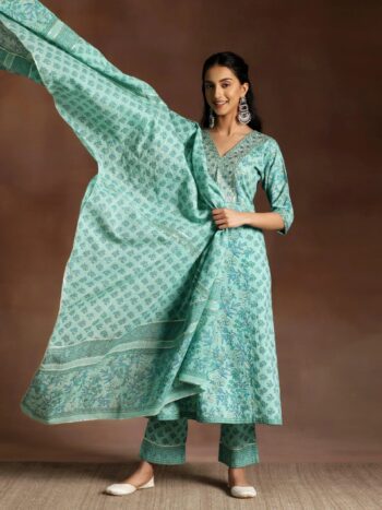 Turquoise Printed Cotton A-Line Kurta With Bottom