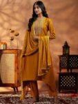 Mustard Embroidered Silk Blend Straight