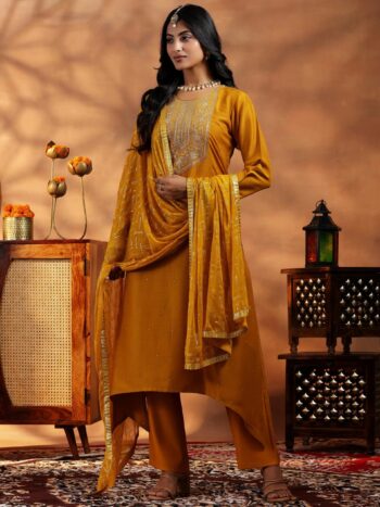 Mustard Embroidered Silk Blend Straight