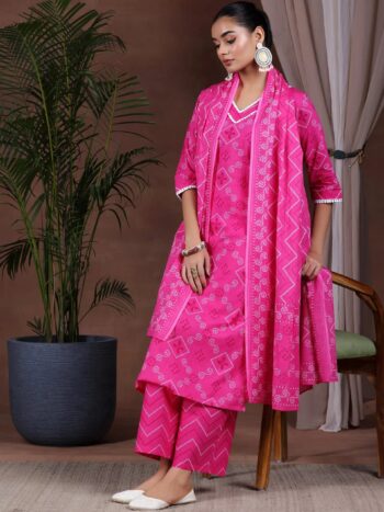 Pink Printed Cotton Straight Suit With