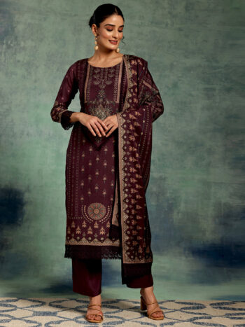 Wine Printed Silk Blend Straight Suit Suite