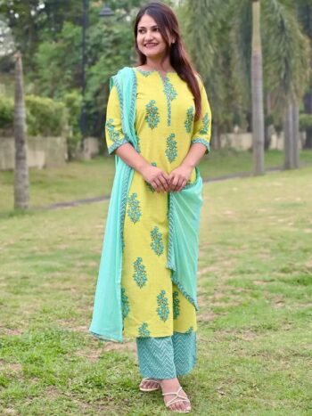 Green Printed Cotton Straight Kurta With Bottom