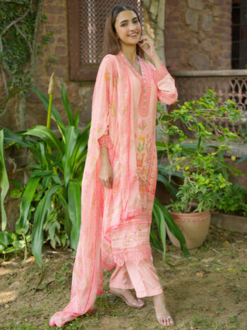Pink Printed Silk Blend Straight Suit With Bottom