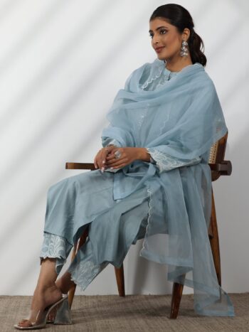 Blue Solid Silk Blend Straight Suit With Bottom