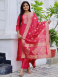 Pink Yoke Design Silk Blend Straight Suite