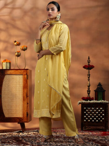 Yellow Embroidered Organza Straight Suit