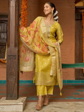 Mustard Woven Design Chanderi Silk Straight
