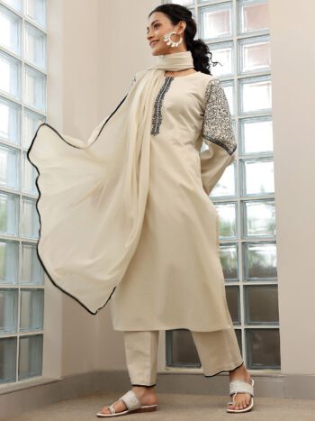 Beige Solid Cotton Blend Straight Suit
