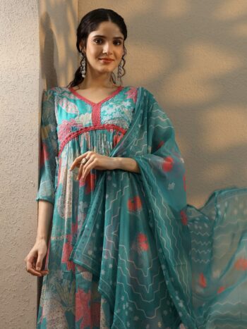Blue Printed Poly Chiffon A-Line Kurta