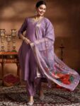 Mauve Embroidered Silk Blend Straight Suite