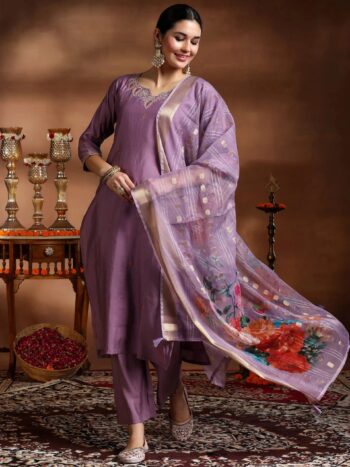 Mauve Embroidered Silk Blend Straight Suite