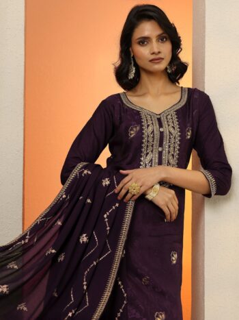 Wine Woven Design Silk Blend Straight Suite