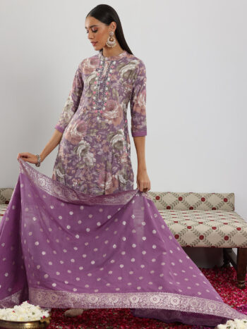 Lavender Printed Silk blend Straight Suite