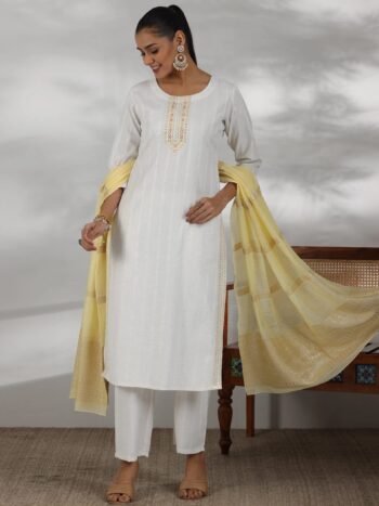 Off White Woven Design Cotton Blend straight