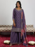 Purple Embroidered Silk Blend Straight