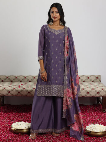 Purple Embroidered Silk Blend Straight