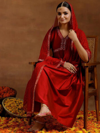 Red Solid Silk Blend A-Line Kurta With