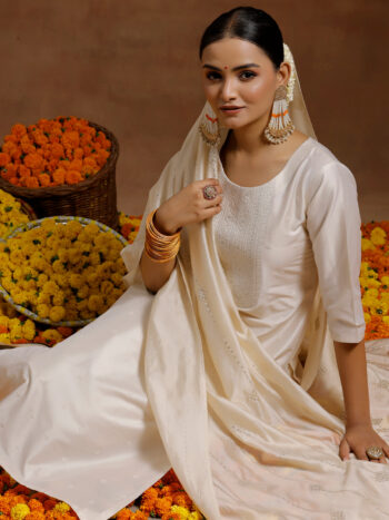 Off White Embroidered Silk Blend Straight