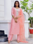 Light Pink Embroidered Silk Blend straight