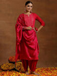 Pink Embroidered Silk Blend Straight Suite