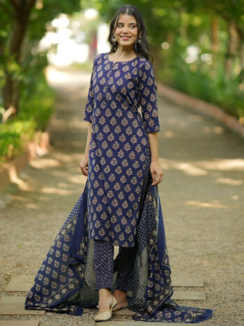 Blue Printed Cotton Straight Suit With
